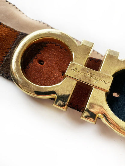 vintage salvatore ferragamo belt buckle with vintage boho patchwork leather belt - good market thrift store