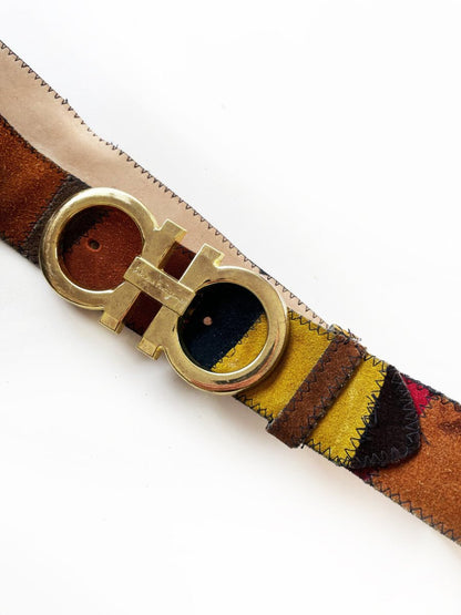 vintage salvatore ferragamo belt buckle with vintage boho patchwork leather belt - good market thrift store