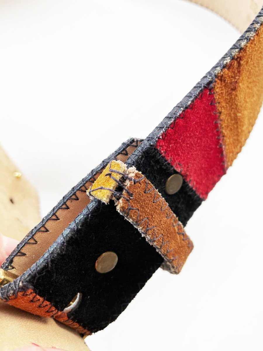 vintage salvatore ferragamo belt buckle with vintage boho patchwork leather belt - good market thrift store