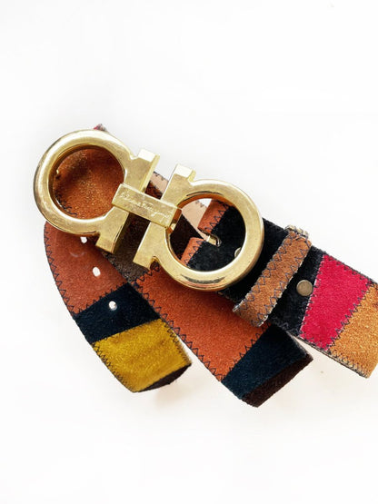vintage salvatore ferragamo belt buckle with vintage boho patchwork leather belt - good market thrift store