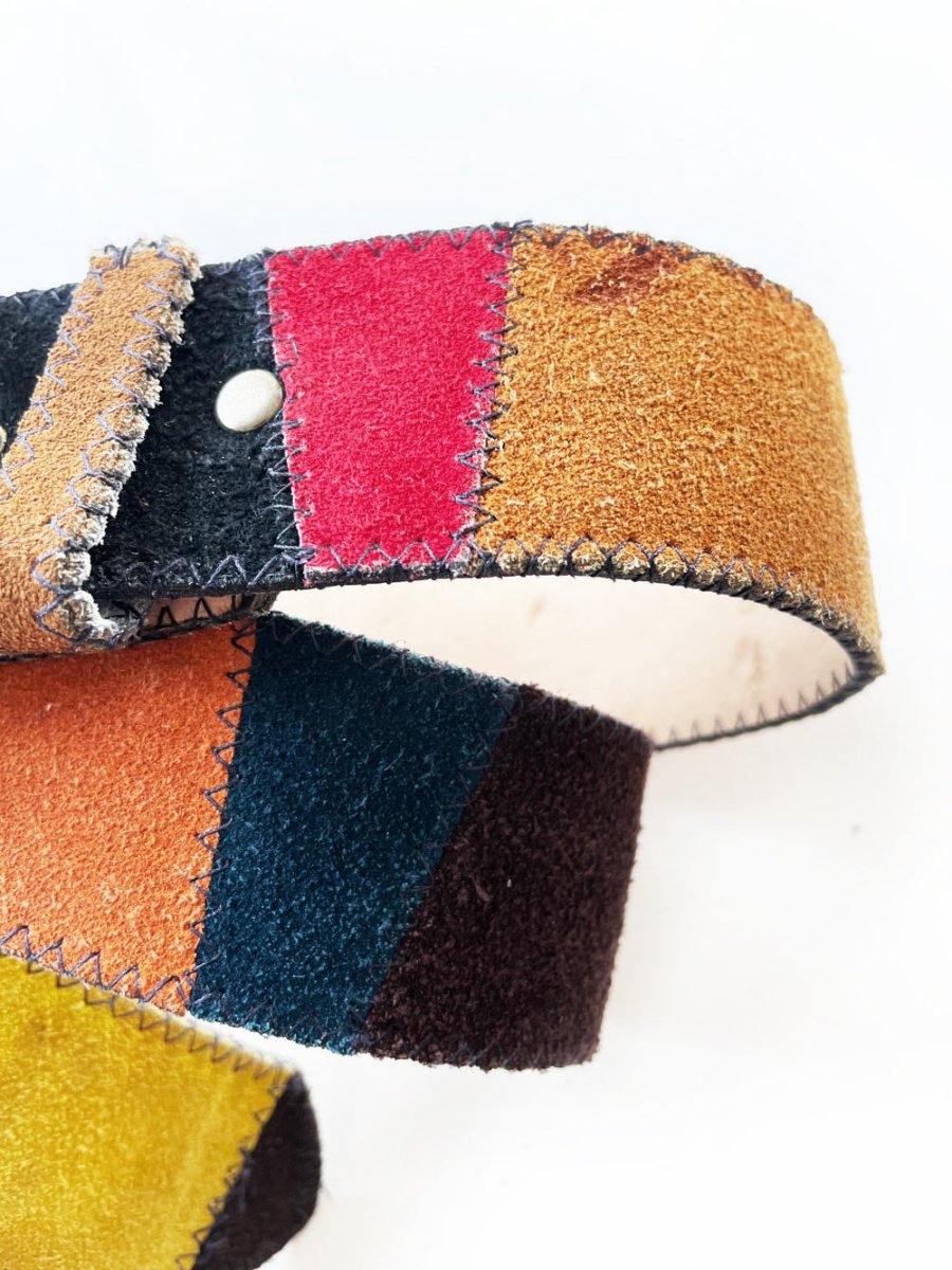 vintage salvatore ferragamo belt buckle with vintage boho patchwork leather belt - good market thrift store