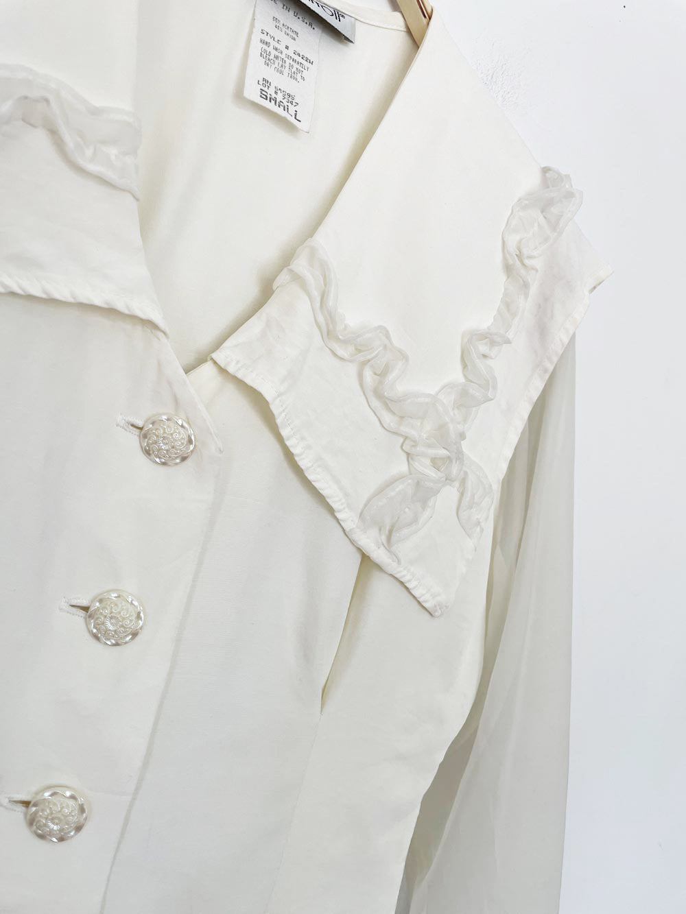 vintage 90s mj carroll ruffle trim sheer sleeve fitted blouse | made in USA