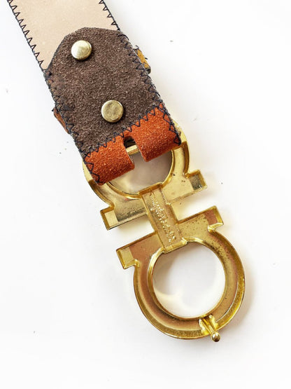 vintage salvatore ferragamo belt buckle with vintage boho patchwork leather belt - good market thrift store
