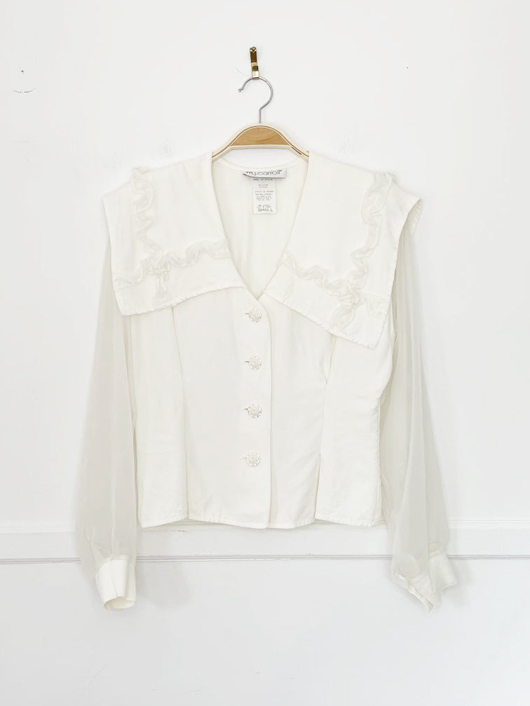 vintage 90s mj carroll ruffle trim sheer sleeve fitted blouse | made in USA