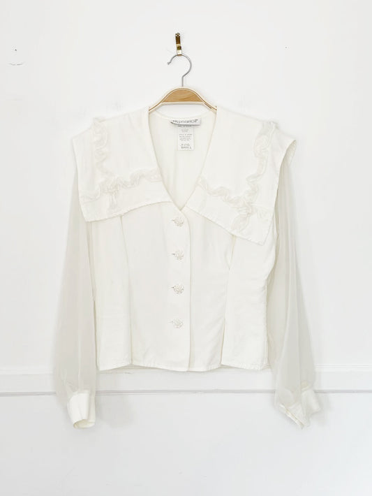 vintage 90s mj carroll ruffle trim sheer sleeve fitted blouse | made in USA