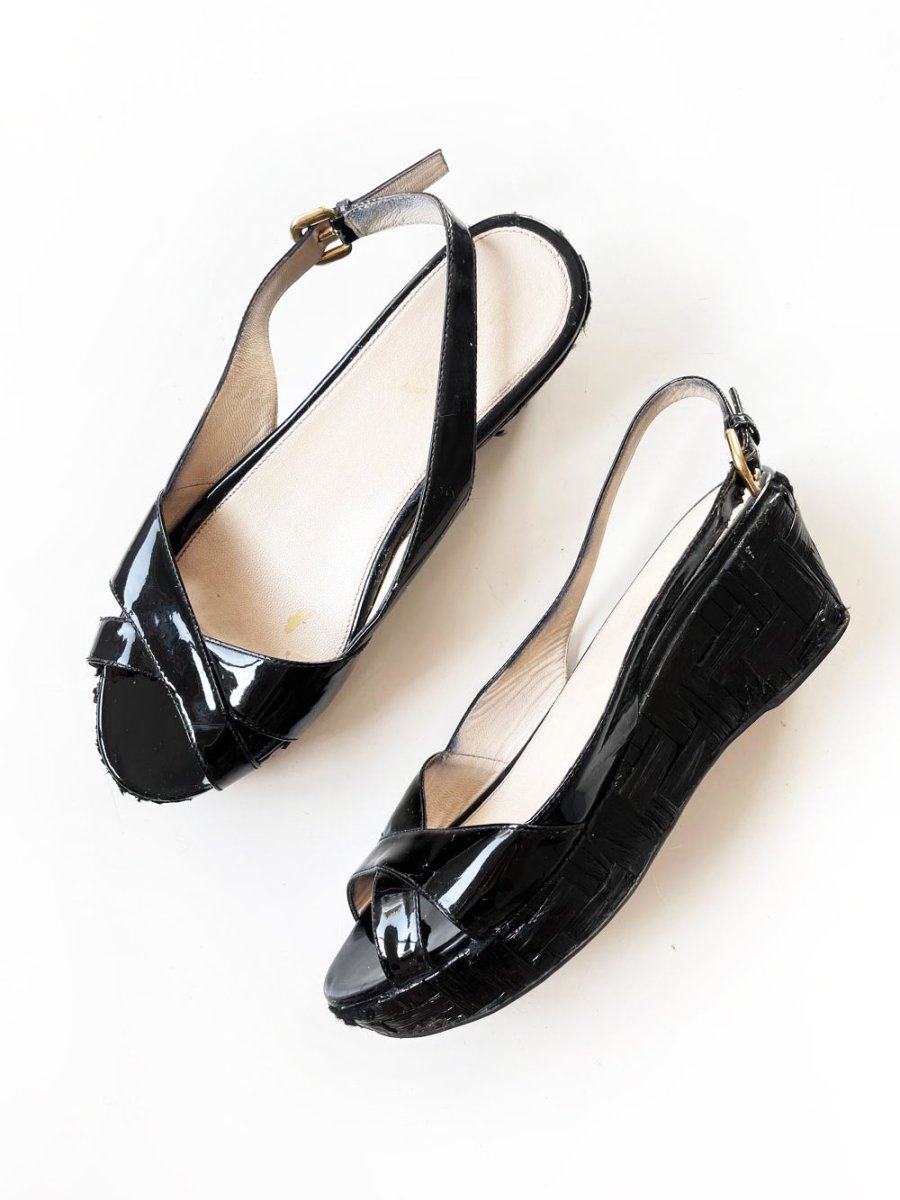 prada patent leather slingback platform raffia sandals - good market thrift store