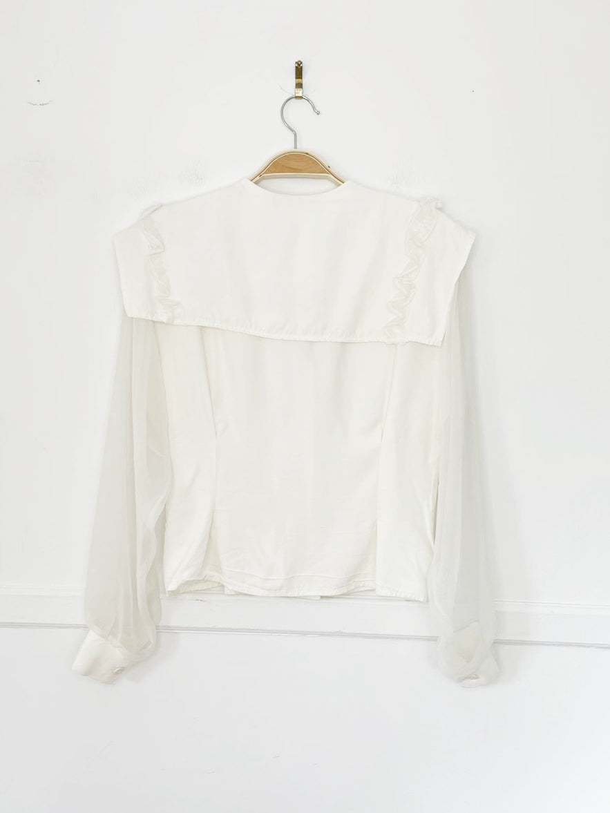 vintage 90s mj carroll ruffle trim sheer sleeve fitted blouse | made in USA