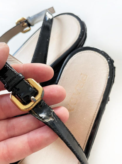 prada patent leather slingback platform raffia sandals - good market thrift store