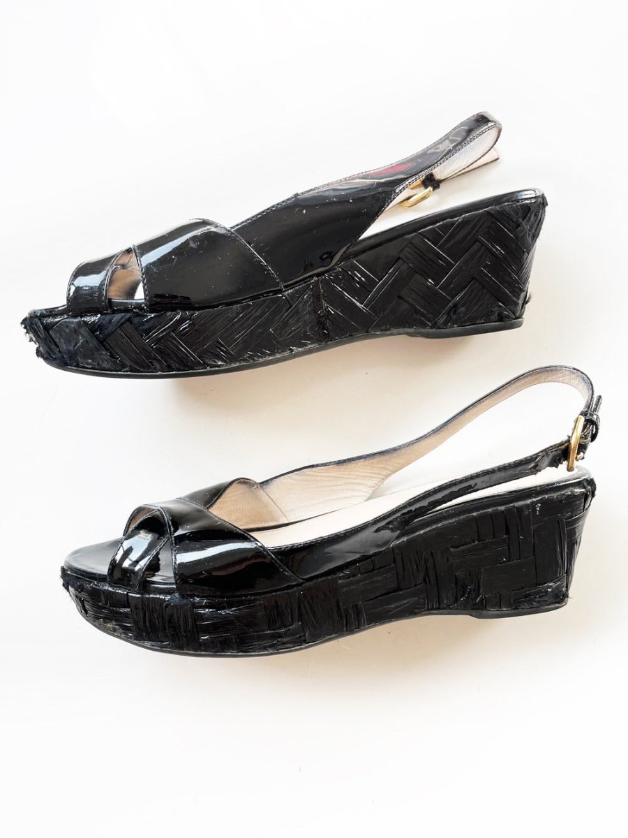 prada patent leather slingback platform raffia sandals - good market thrift store