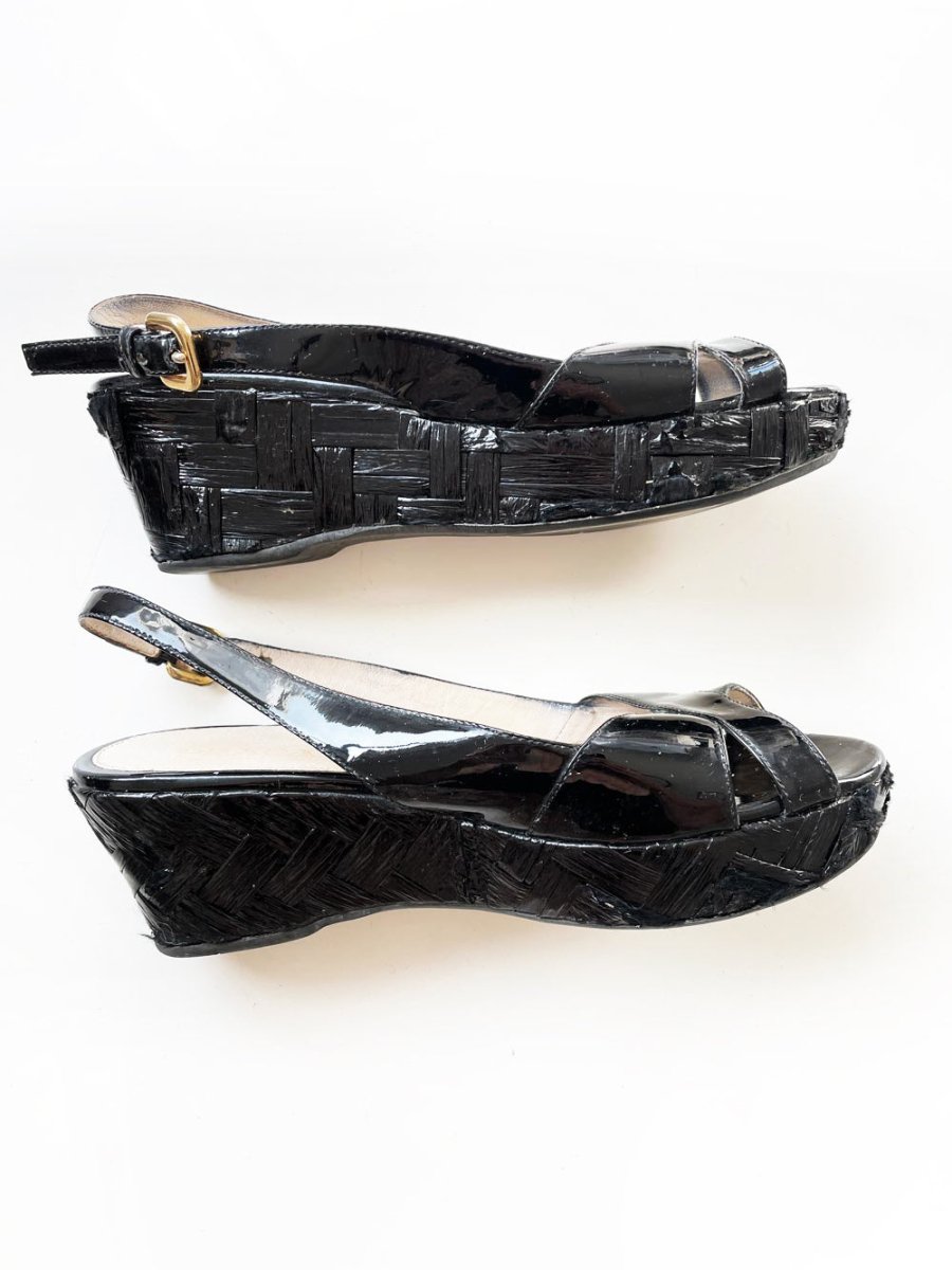 prada patent leather slingback platform raffia sandals - good market thrift store