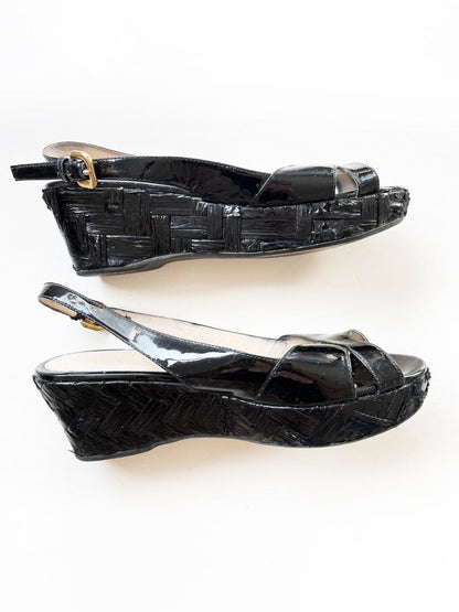 prada patent leather slingback platform raffia sandals - good market thrift store