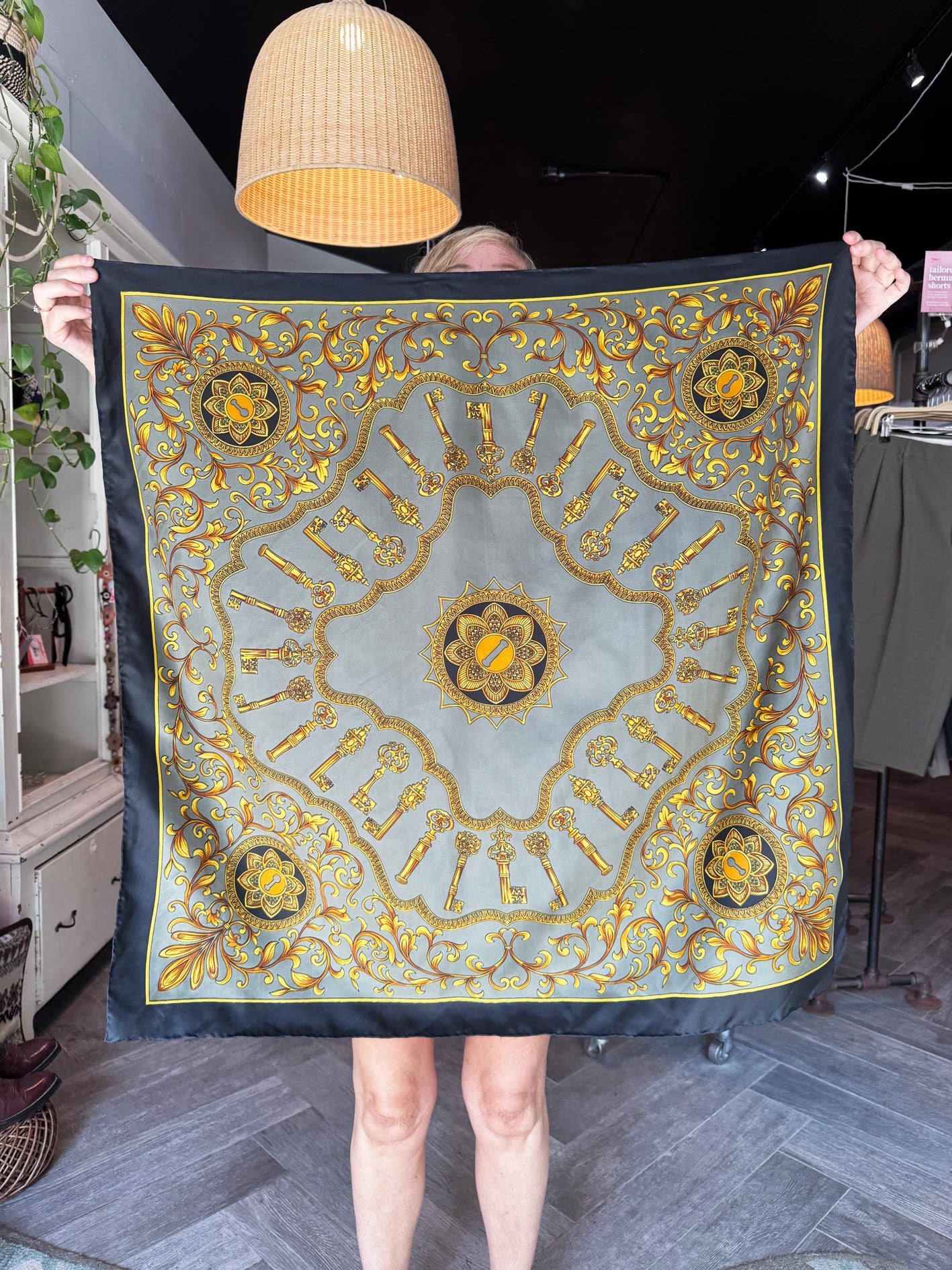 vintage 100% silk key scroll square scarf | rolled edge
