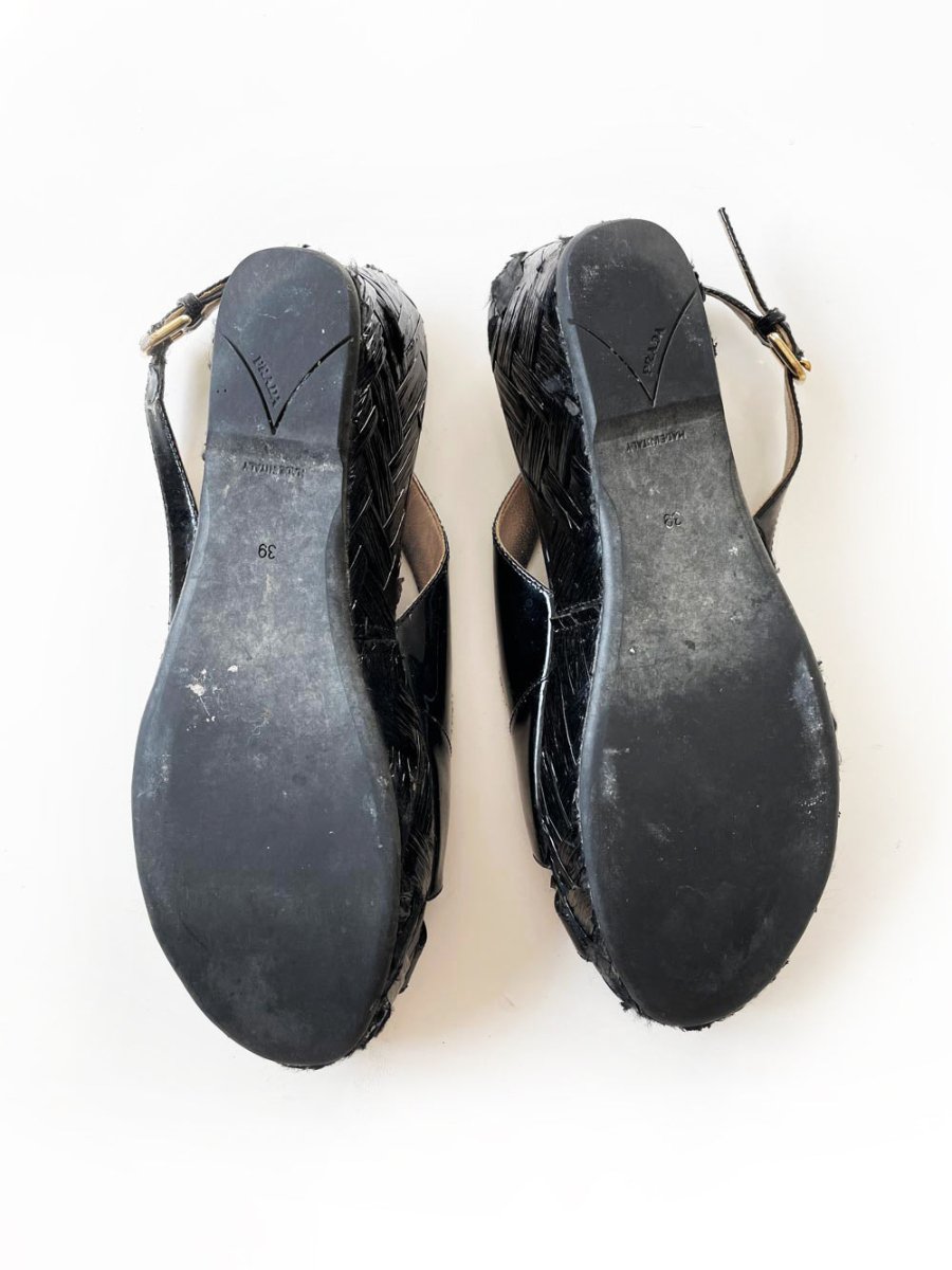 prada patent leather slingback platform raffia sandals - good market thrift store