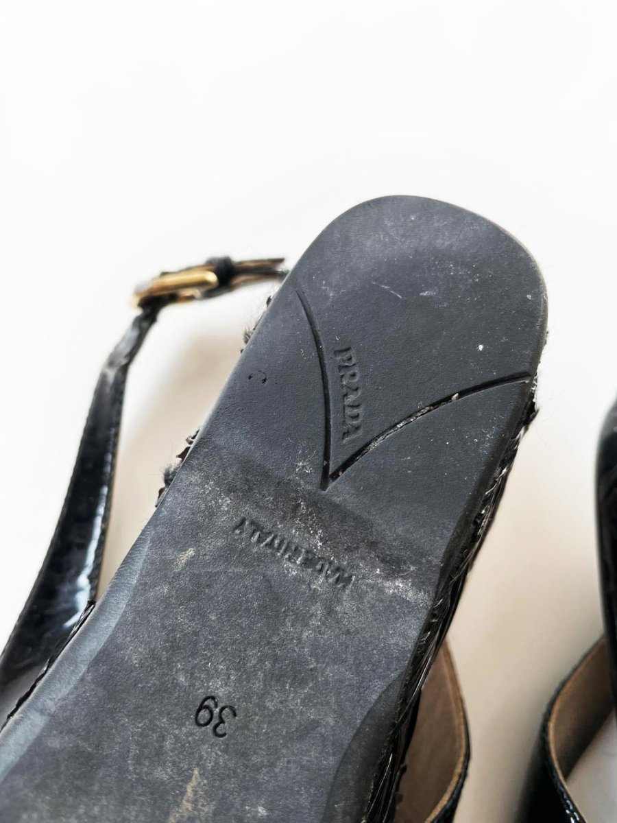 prada patent leather slingback platform raffia sandals - good market thrift store
