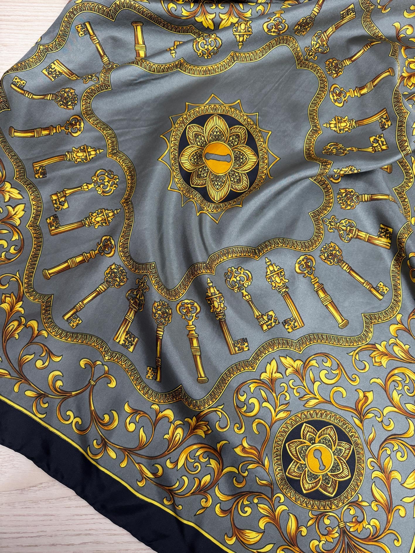 vintage 100% silk key scroll square scarf | rolled edge