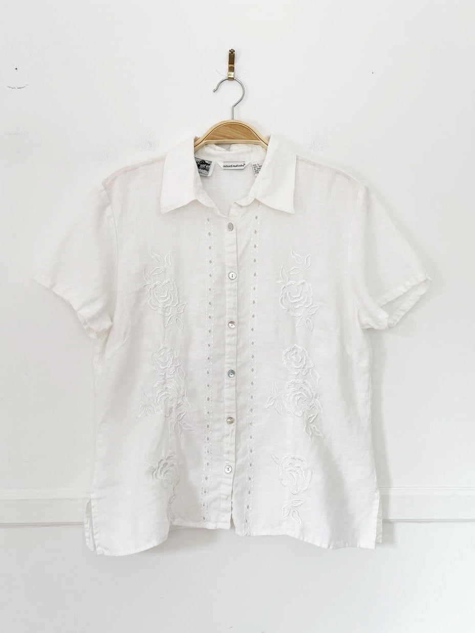 vintage richard malcolm 100% irish linen floral embroidered full button shirt