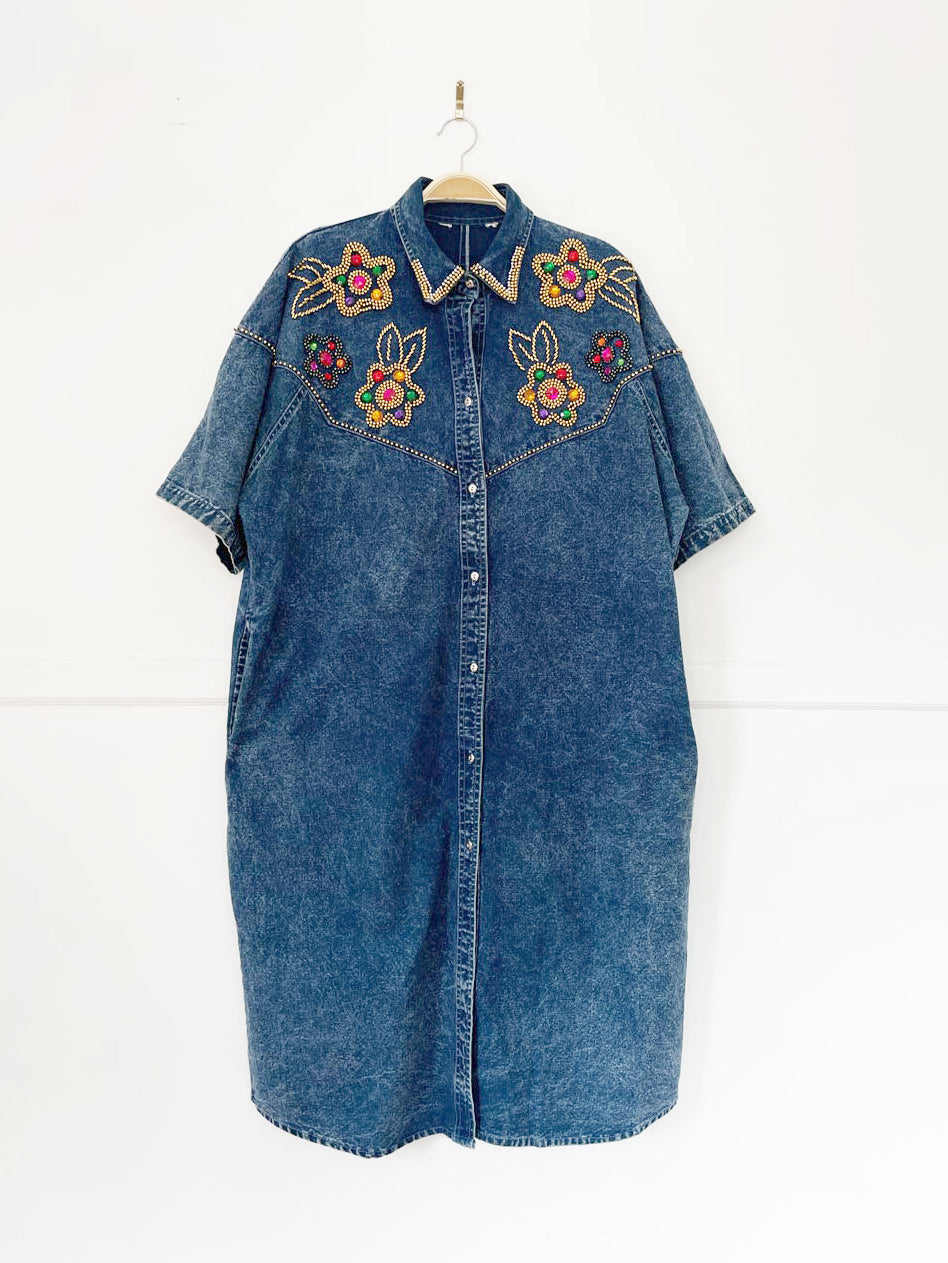 vintage 80s western floral beaded jewel denim shirt midi dress