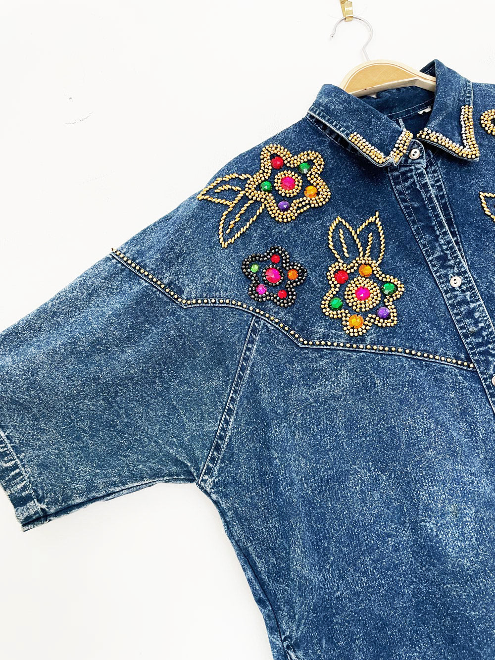 vintage 80s western floral beaded jewel denim shirt midi dress