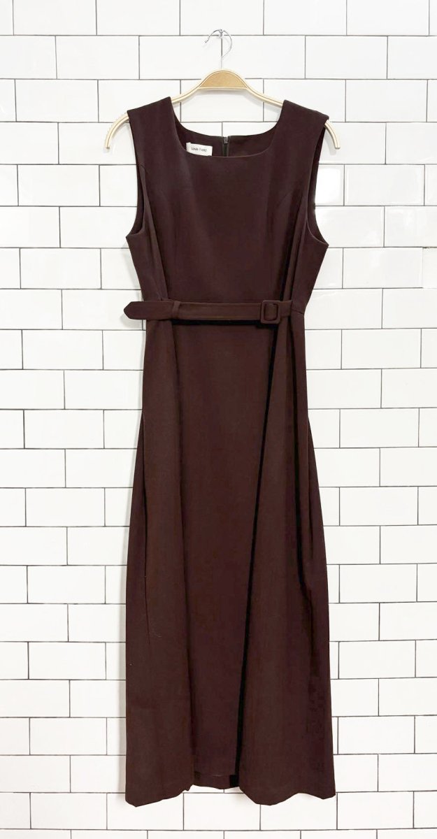 vintage 90s love field wool - blend pleated back belted midi dress | made in japan - good market thrift store
