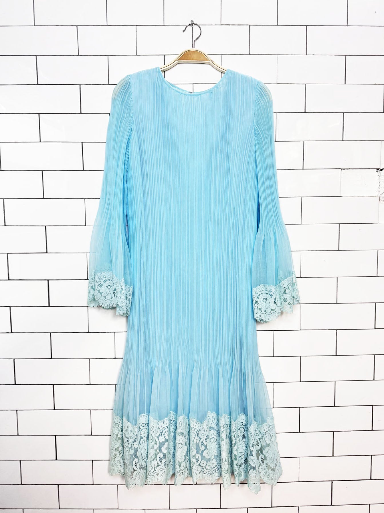 vintage 70s abe schrader pleated chiffon bell sleeves lace trim dress
