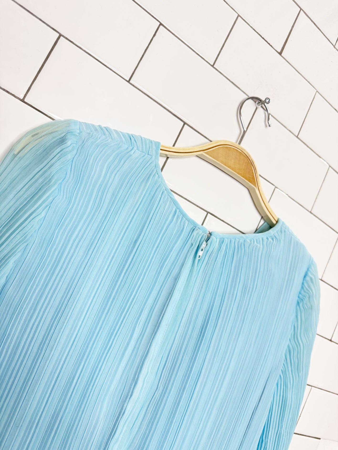 vintage 70s abe schrader pleated chiffon bell sleeves lace trim dress
