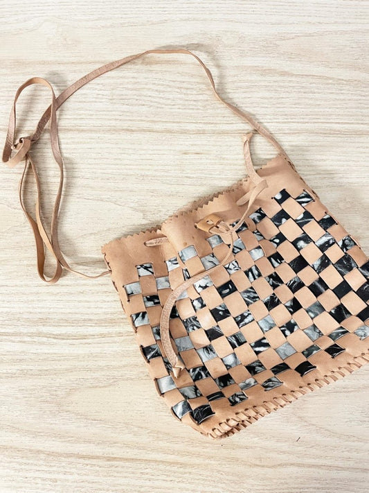 handmade woven leather bucket bag - good market thrift store