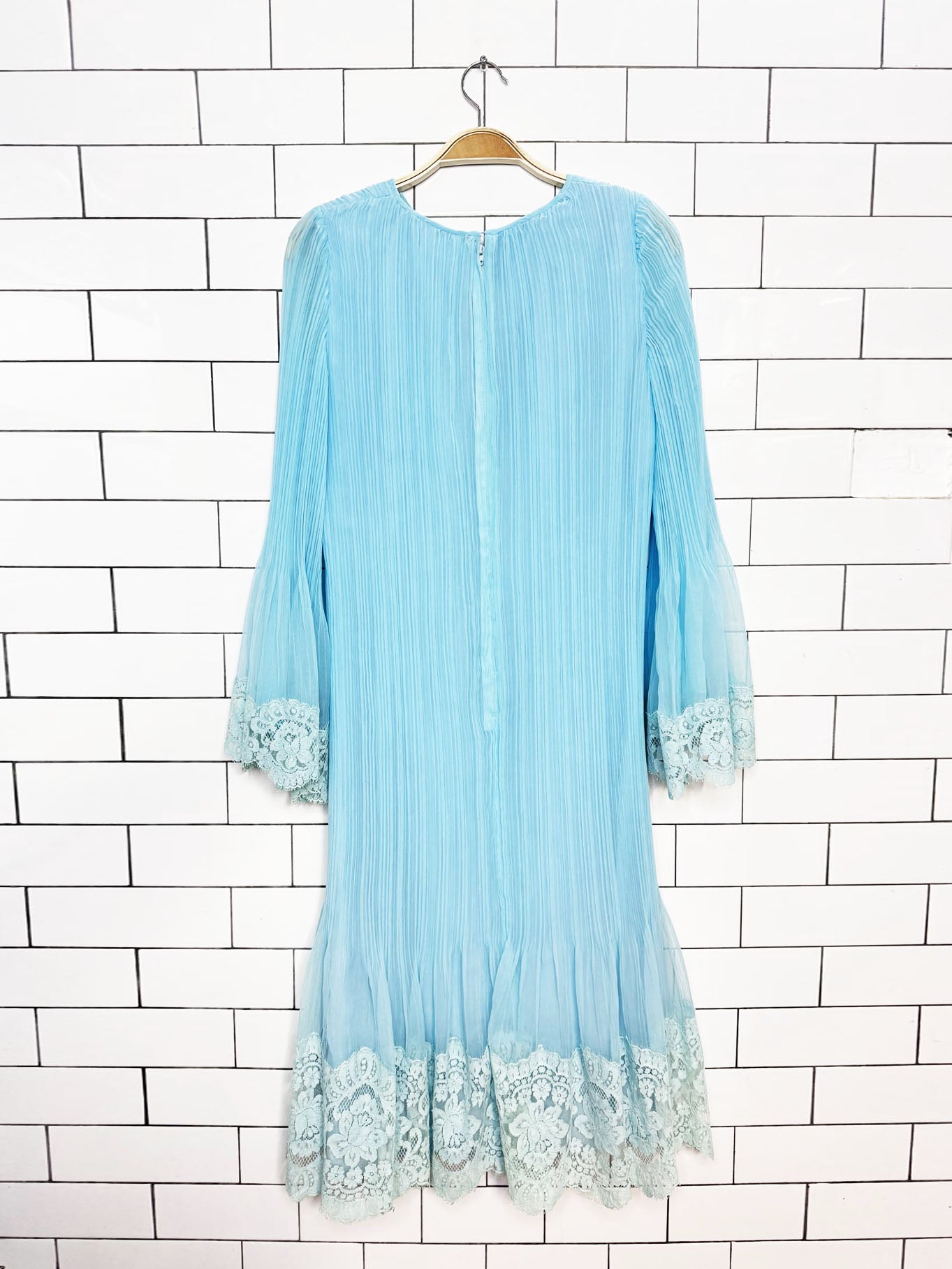 vintage 70s abe schrader pleated chiffon bell sleeves lace trim dress