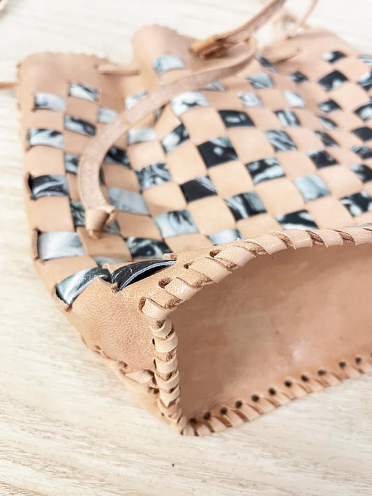 handmade woven leather bucket bag - good market thrift store