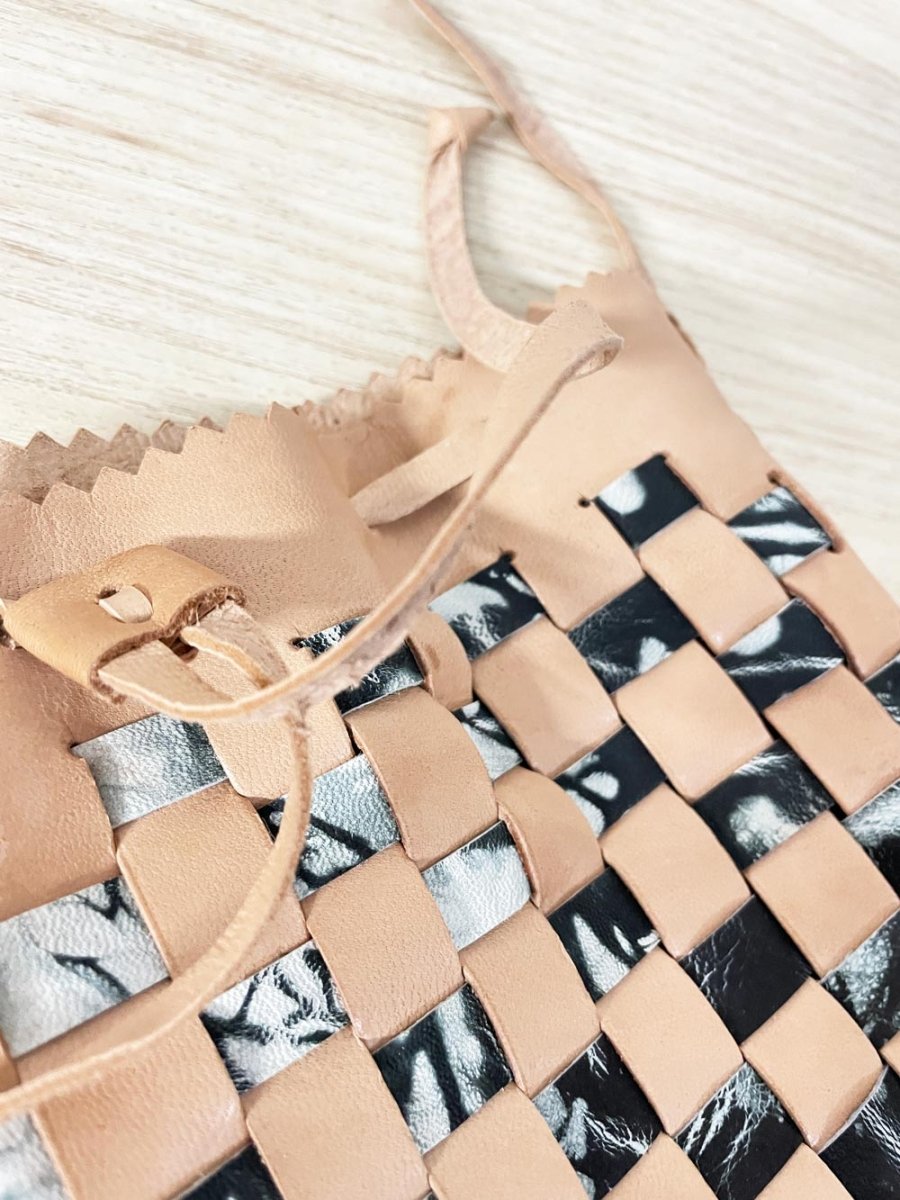handmade woven leather bucket bag - good market thrift store