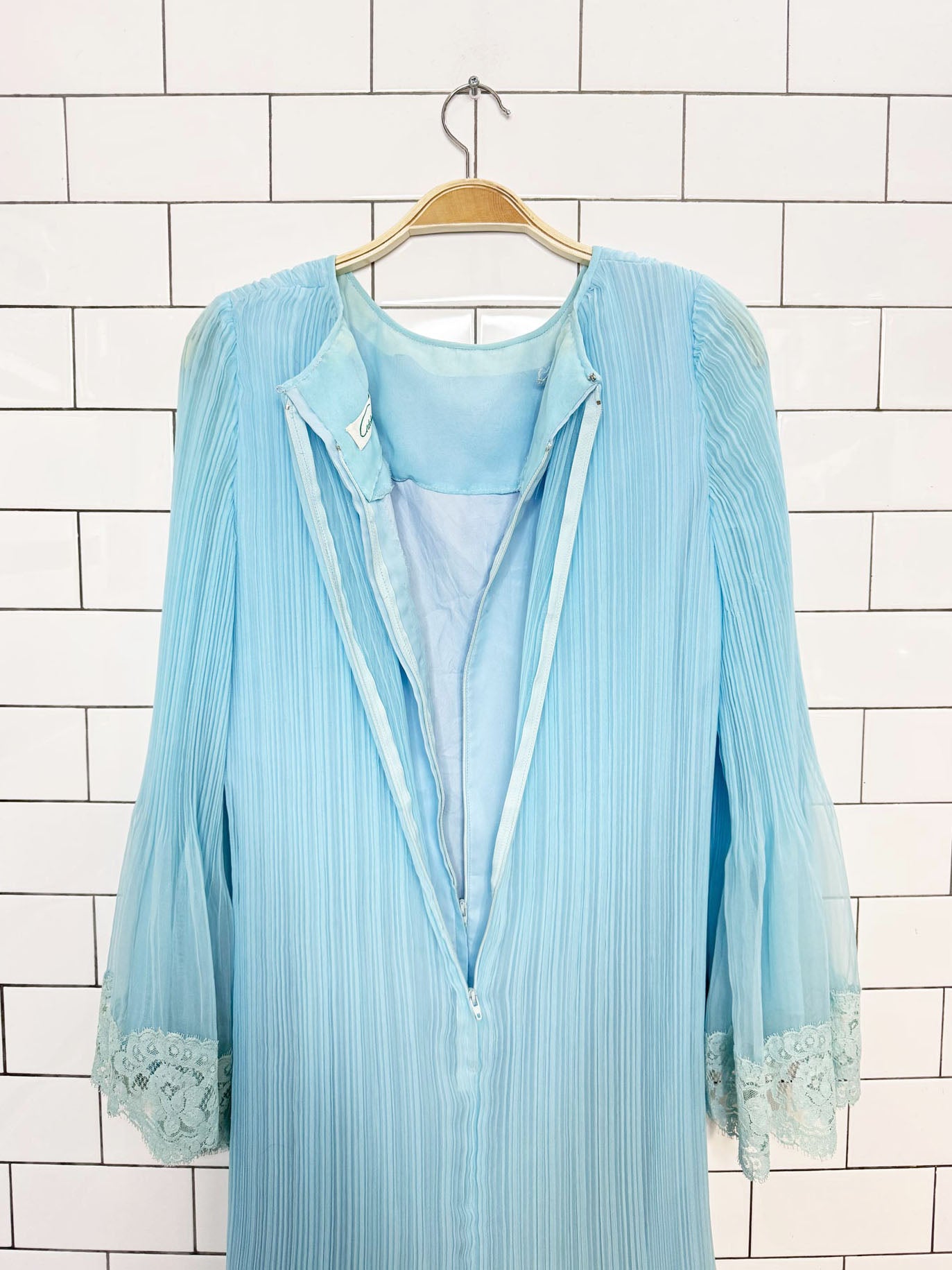 vintage 70s abe schrader pleated chiffon bell sleeves lace trim dress