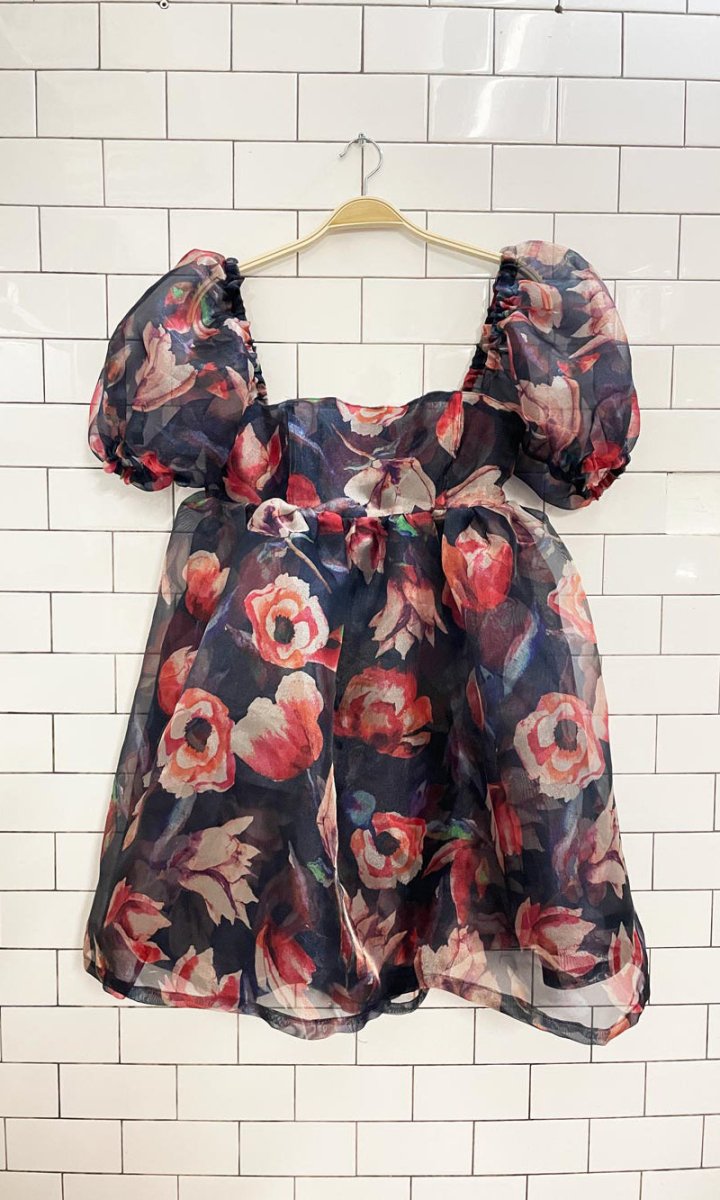 floral chiffon puff sleeve mini dress - good market thrift store