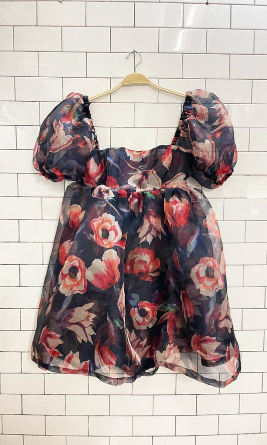 floral chiffon puff sleeve mini dress - good market thrift store