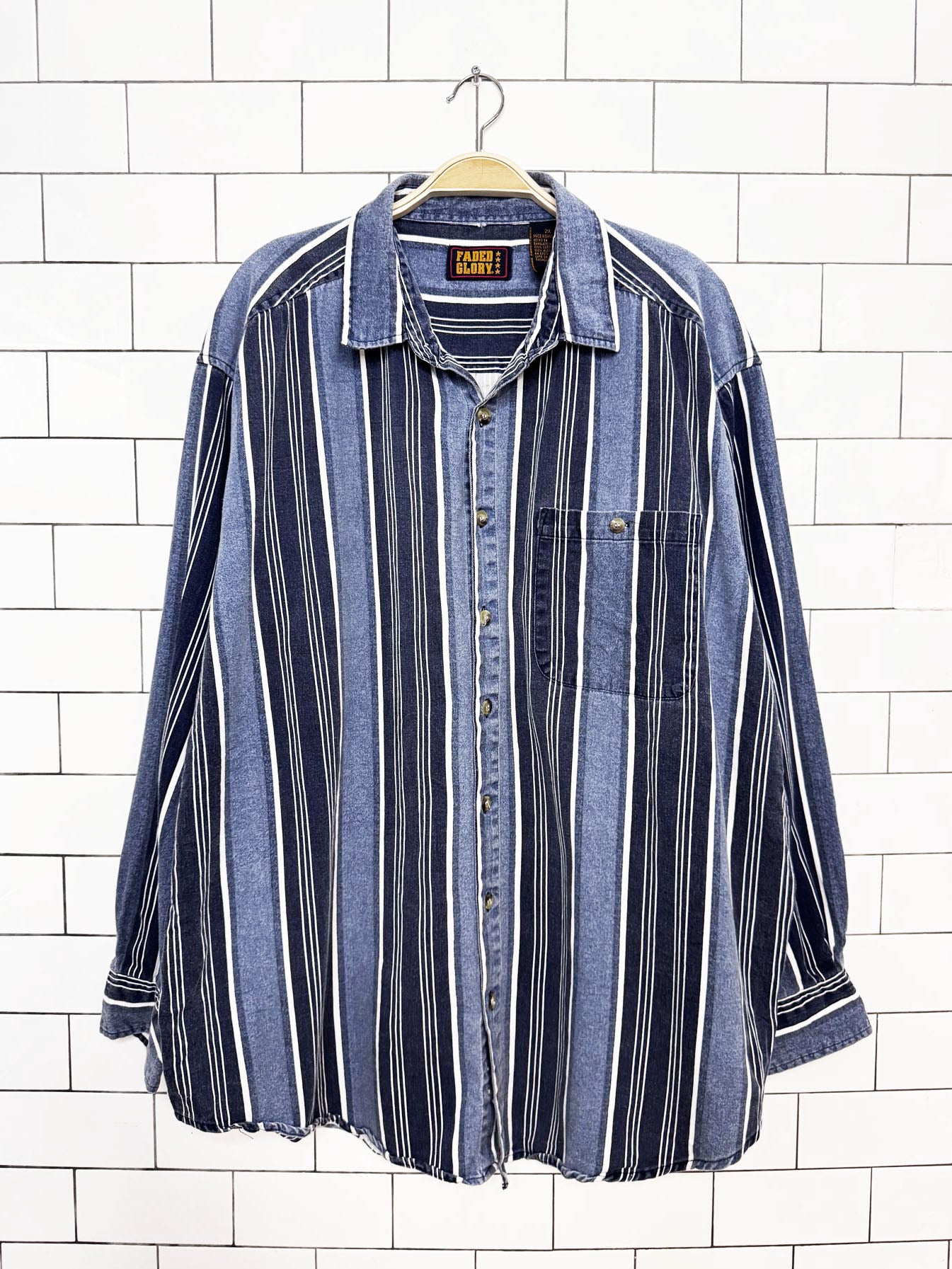 vintage faded glory blue stripe denim full button shirt