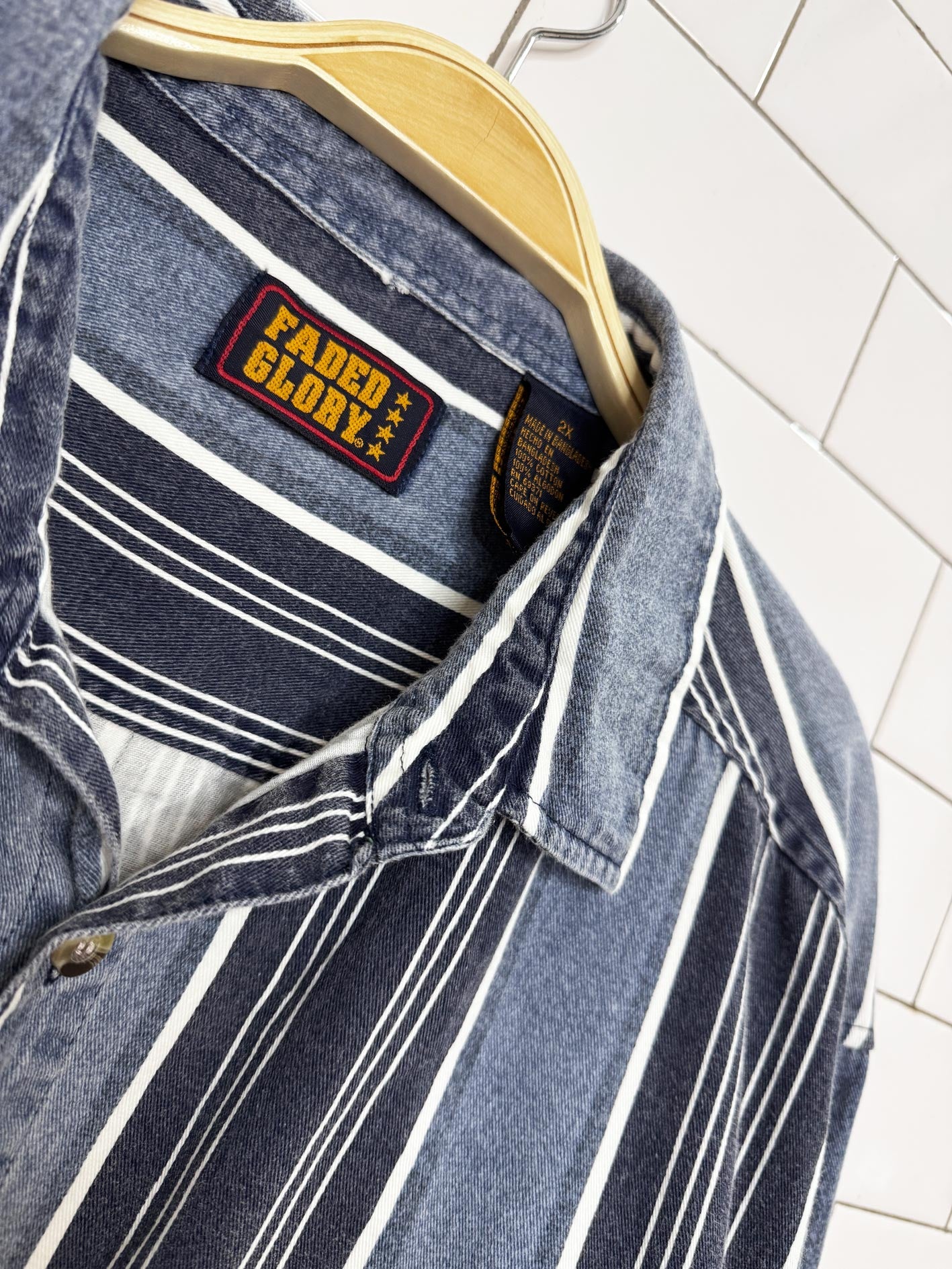 vintage faded glory blue stripe denim full button shirt