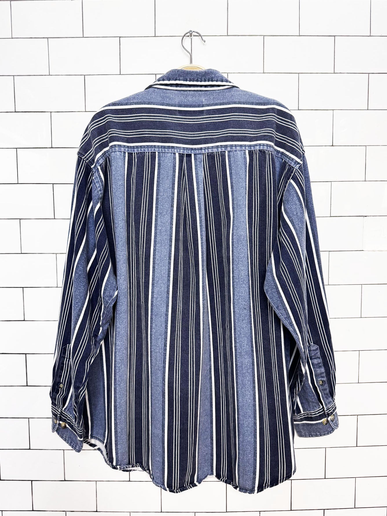 vintage faded glory blue stripe denim full button shirt