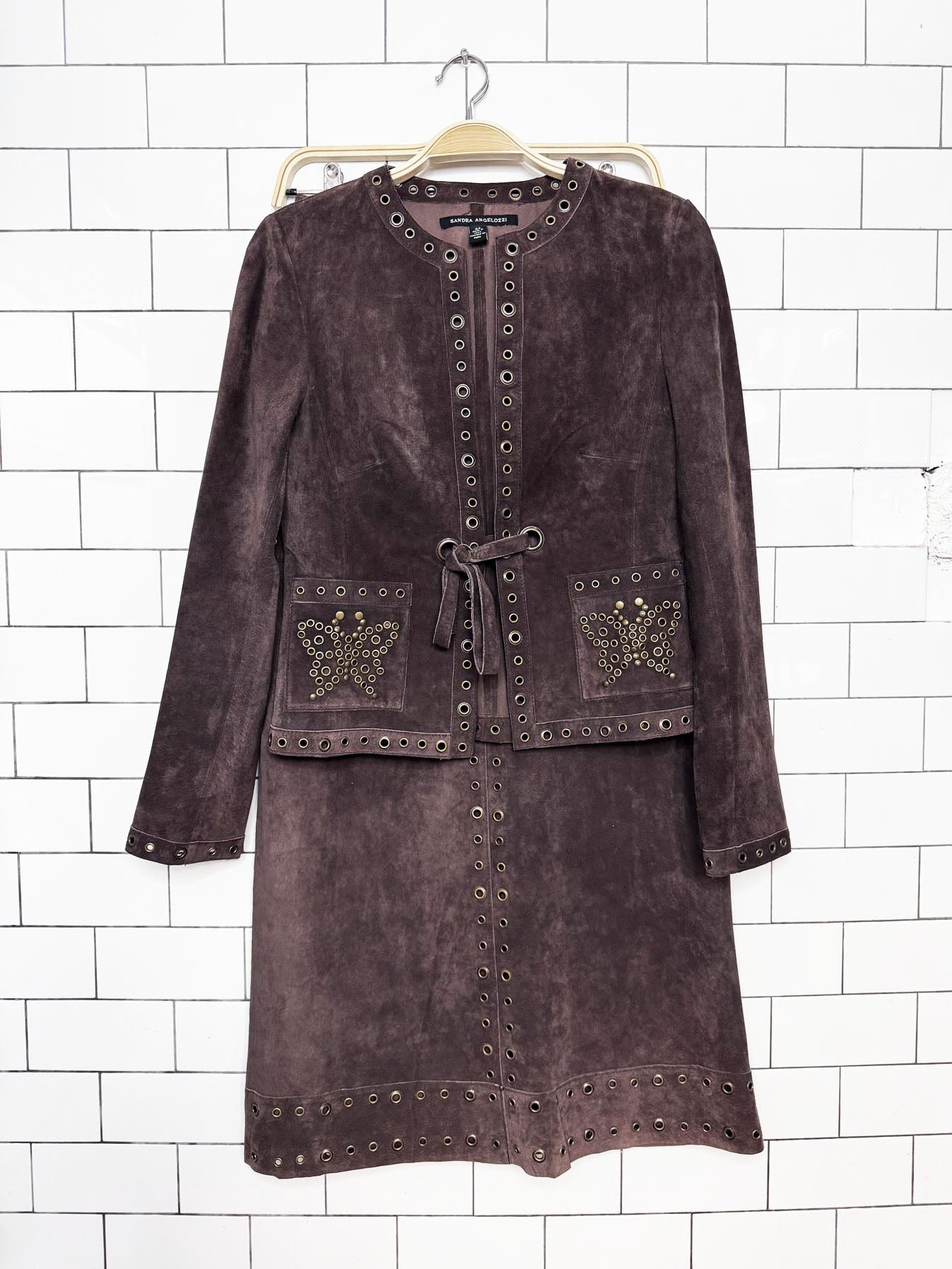 y2k sandra angelozzi lamb suede grommet butterfly tie-front jacket + maxi skirt set