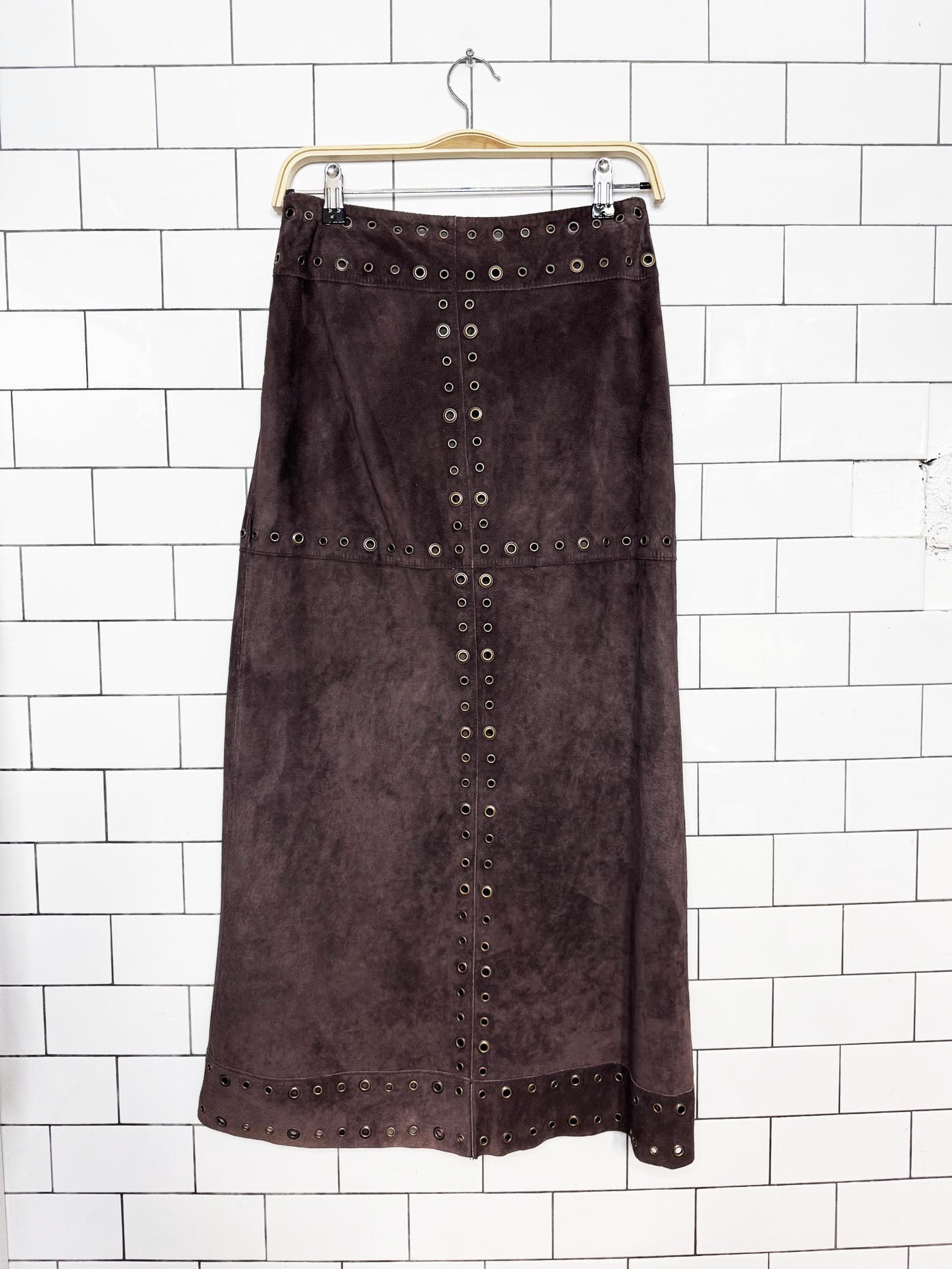 y2k sandra angelozzi lamb suede grommet butterfly tie-front jacket + maxi skirt set