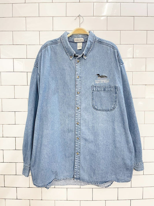 vintage ash city embroidered loon denim shirt | anglers and hunters - good market thrift store