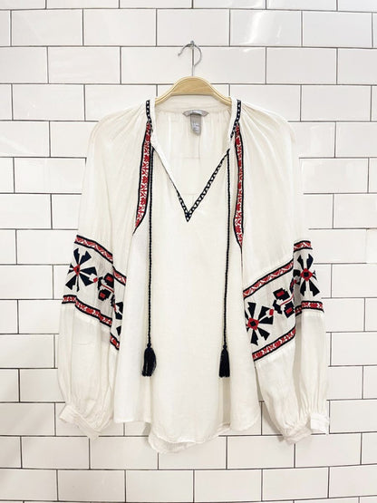 h&m linen - blend boho embroidered balloon sleeve folk blouse - good market thrift store