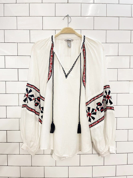 h&m linen - blend boho embroidered balloon sleeve folk blouse - good market thrift store