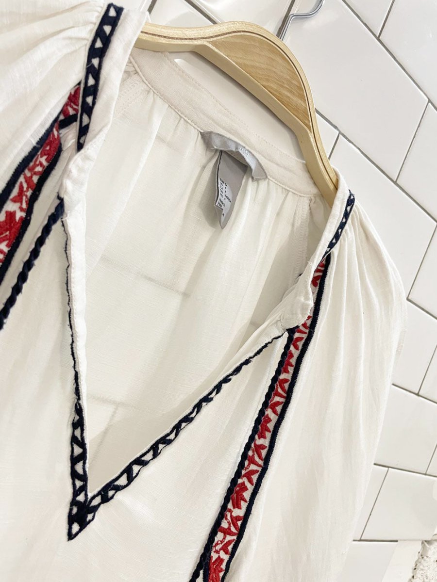 h&m linen - blend boho embroidered balloon sleeve folk blouse - good market thrift store