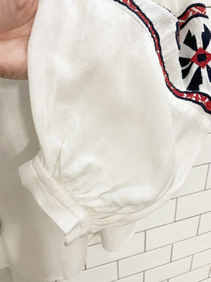 h&m linen - blend boho embroidered balloon sleeve folk blouse - good market thrift store