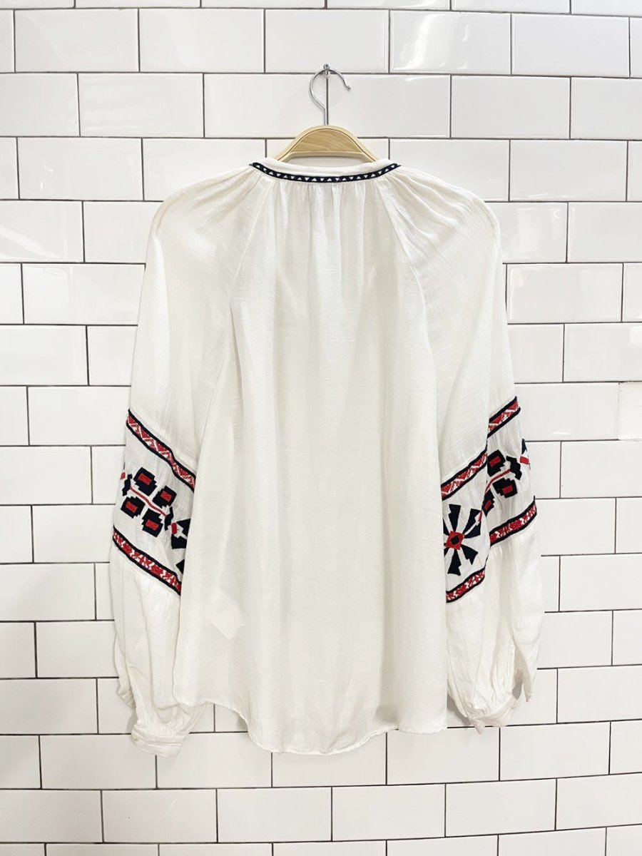 h&m linen - blend boho embroidered balloon sleeve folk blouse - good market thrift store