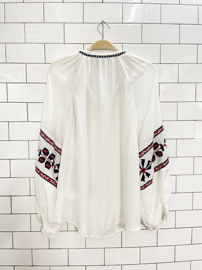 h&m linen - blend boho embroidered balloon sleeve folk blouse - good market thrift store