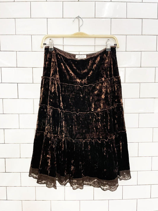 y2k jessica velvet boho tiered knee - length skirt - good market thrift store
