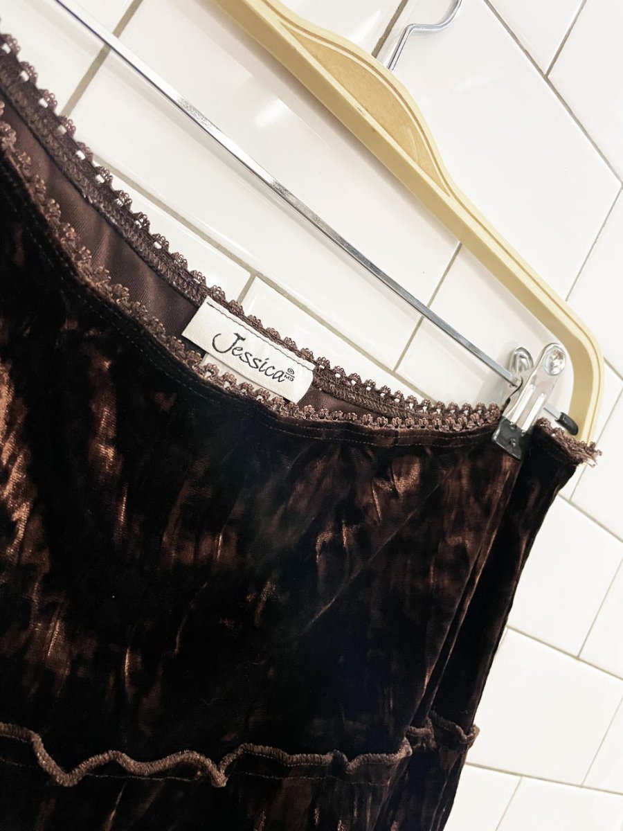 y2k jessica velvet boho tiered knee - length skirt - good market thrift store