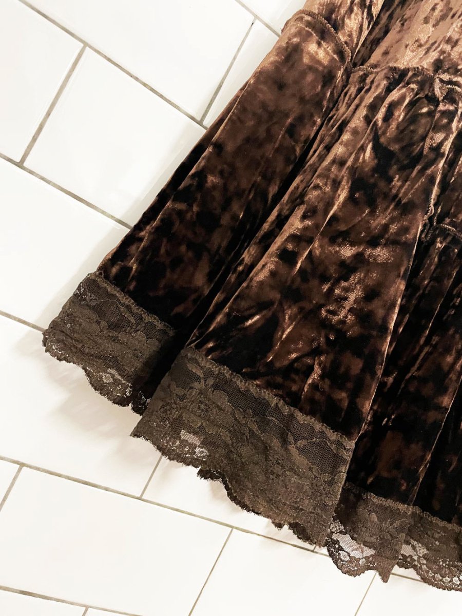 y2k jessica velvet boho tiered knee - length skirt - good market thrift store