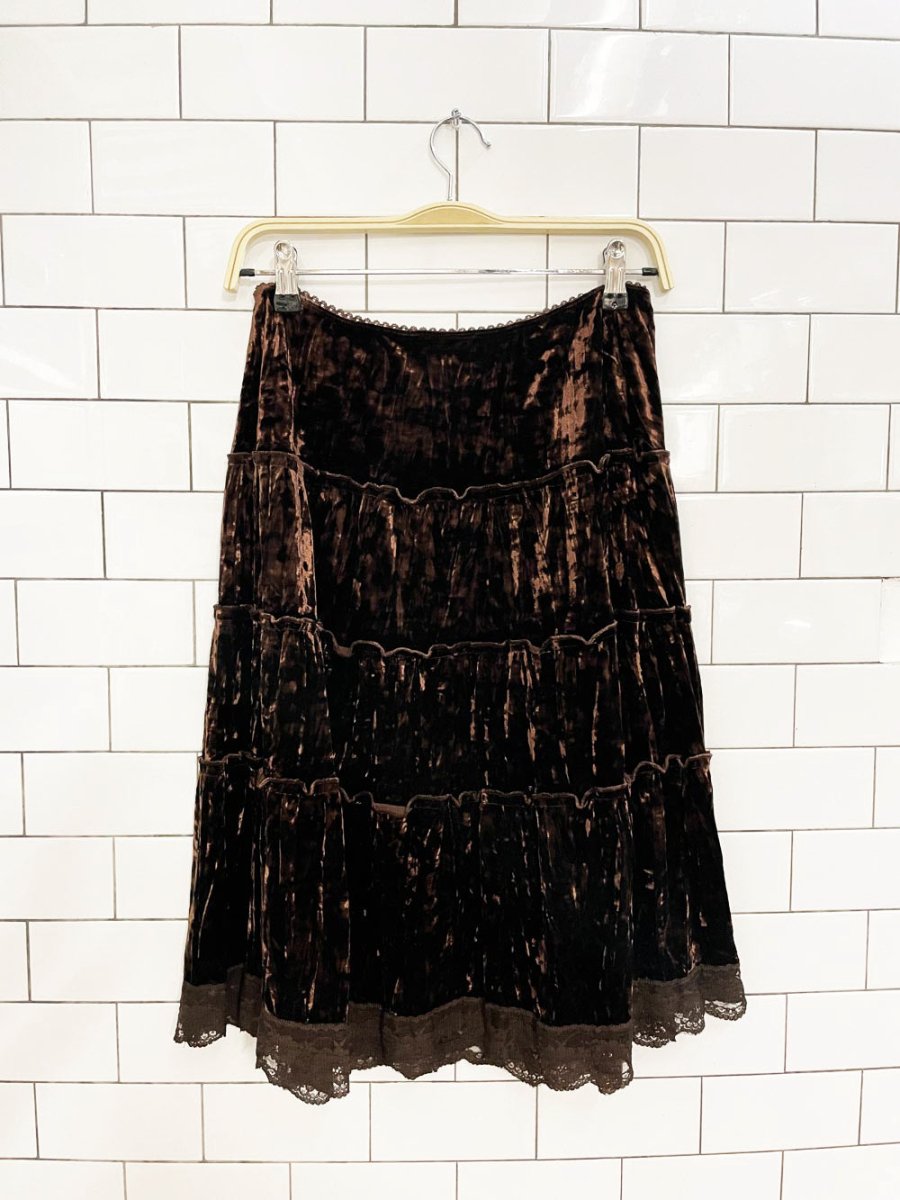 y2k jessica velvet boho tiered knee - length skirt - good market thrift store