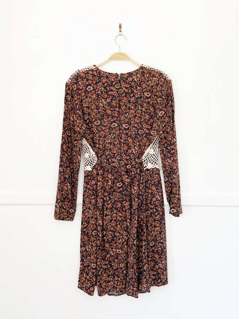 vintage 90s karin stevens crochet vest long sleeve floral midi dress