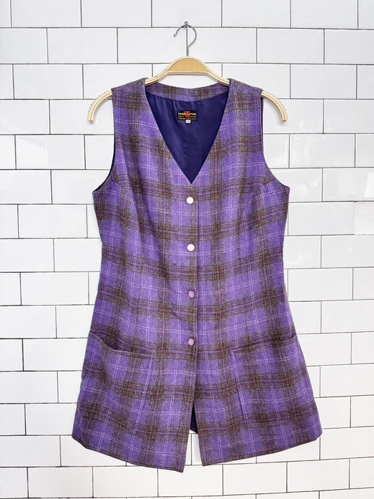 vintage 80s munro spun 100% wool tartan full button vest mini dress